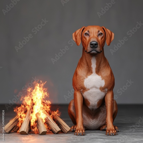 Dog Sitting Beside Campfire with Flames and Wooden Logs in Studio
