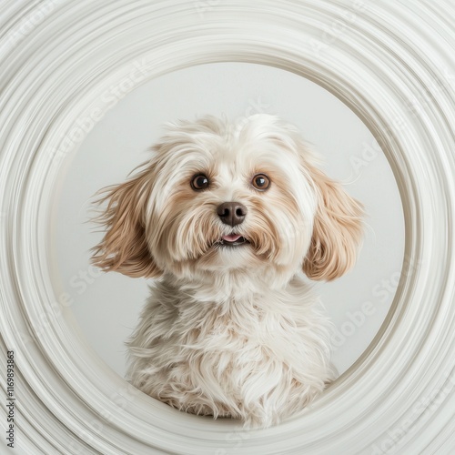 Cute fluffy dog inside a round frame with a neutral background