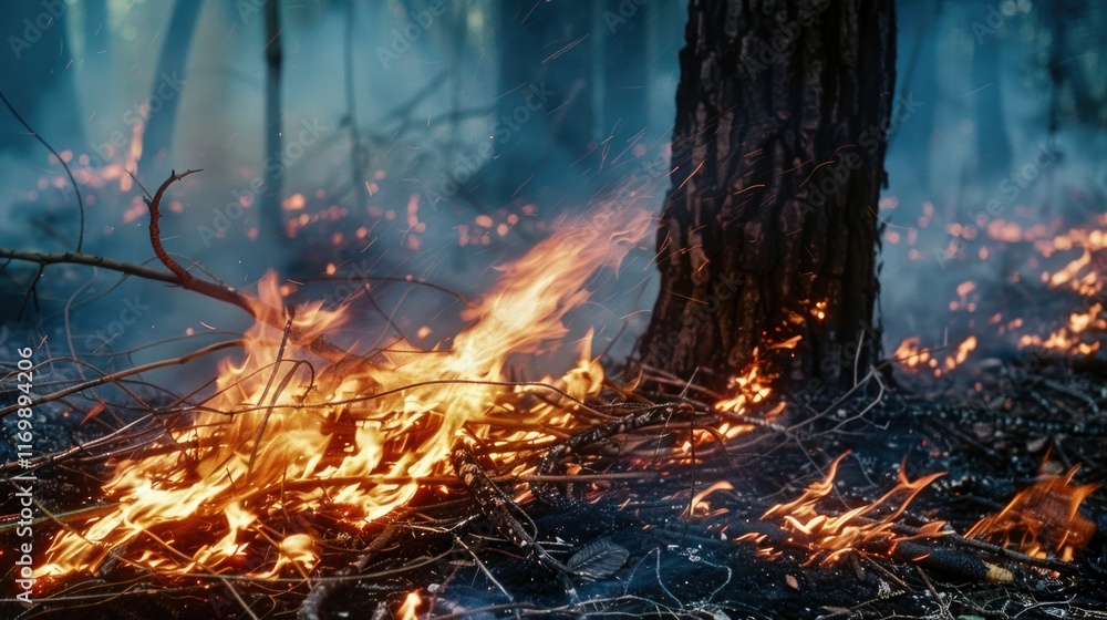 Fiery scene of a forest fire, with flames consuming the vegetation and emitting intense heat. Emergency services might be needed to combat this disaster. Fiery scene of a forest fire, with flames consuming the vegetation and emitting intense heat. Emergency services might be needed to combat this disaster.