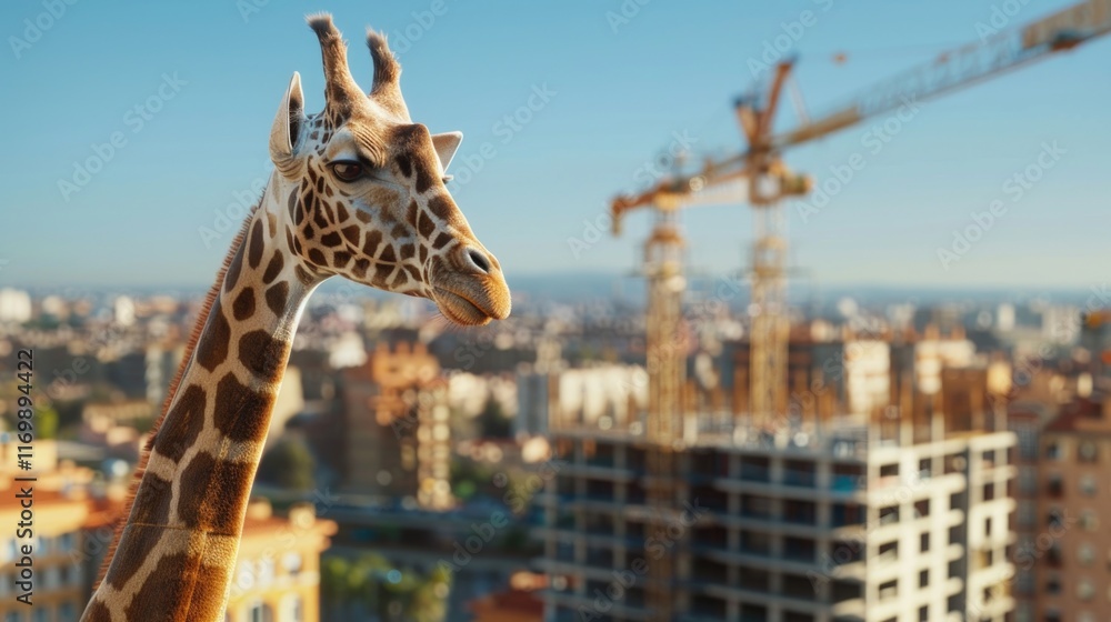 Naklejka premium Giraffe staring over a large cityscape with tall buildings and construction sites. Natural wildlife interacting with urban development.
