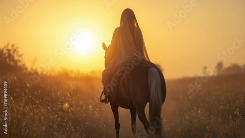 a hijab person and horse at sunset