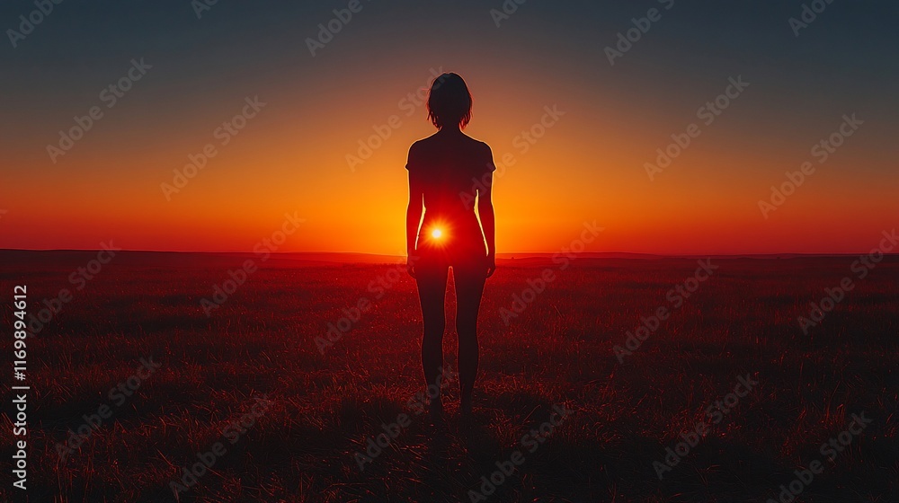 Fototapeta premium Woman Silhouette Sunset Field Landscape