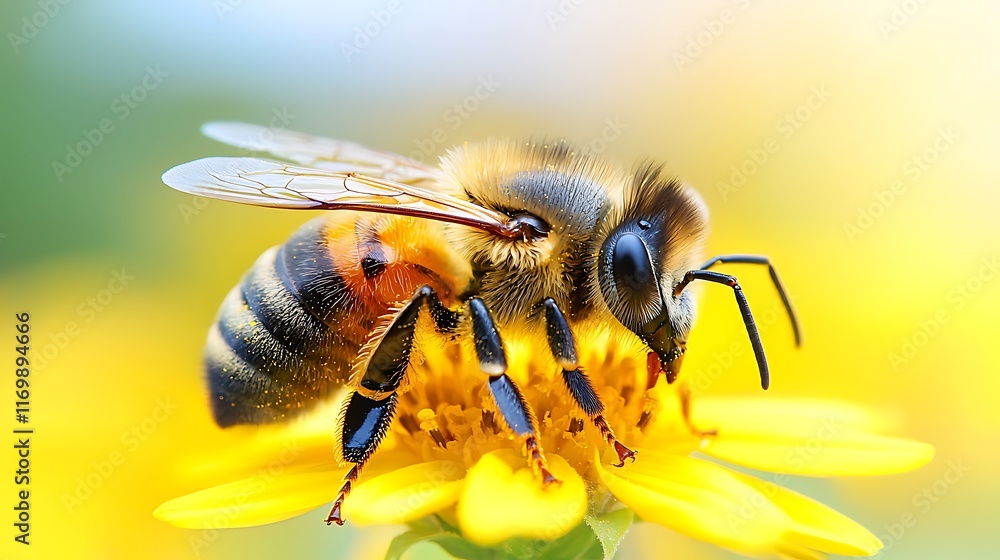 Close-up of a honeybee pollinating a bright yellow flower. Close-up of a honeybee pollinating a bright yellow flower.