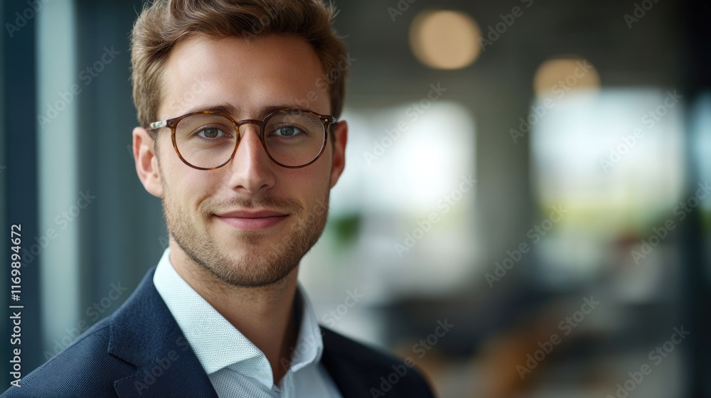 Man wearing glasses and a suit is smiling for the camera. Concept of confidence and professionalism Man wearing glasses and a suit is smiling for the camera. Concept of confidence and professionalism