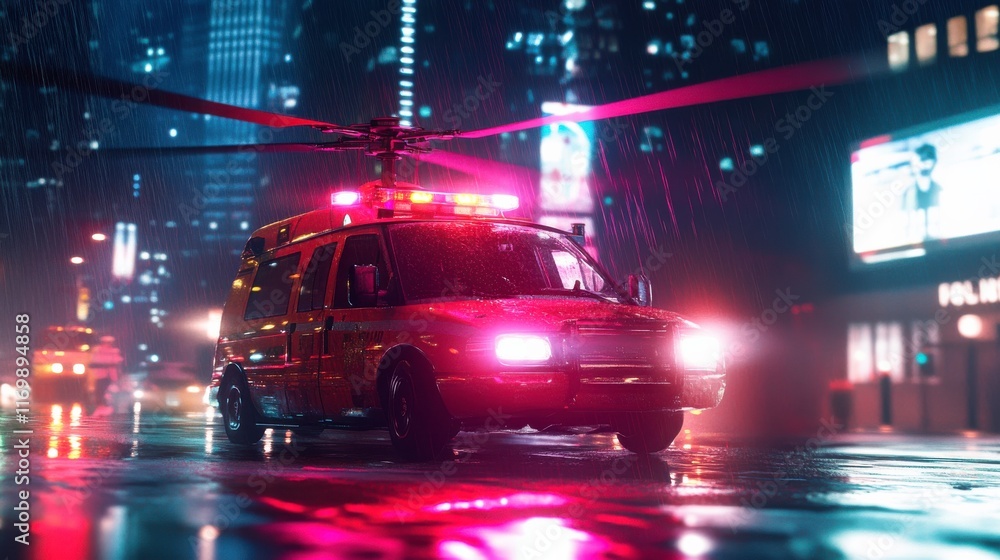 Emergency Vehicle in Vibrant City Lights at Night Emergency Vehicle in Vibrant City Lights at Night