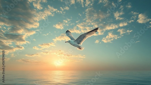 A lone seagull soars above the ocean sunset