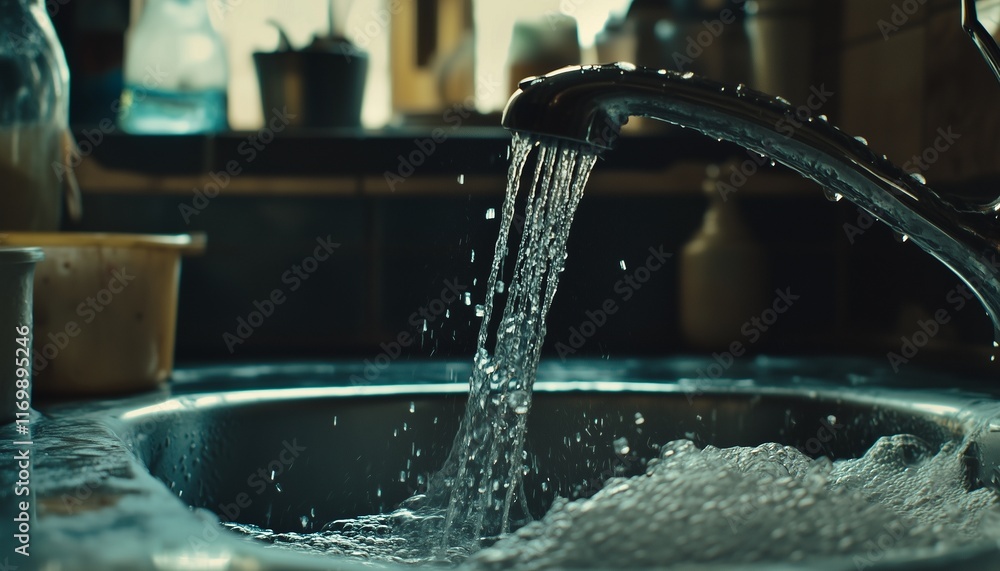 Faucet water running splashing on sink Faucet water running splashing on sink
