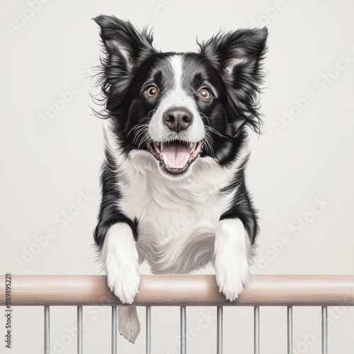 Happy Border Collie Smiling Over a Wooden Fence Barrier