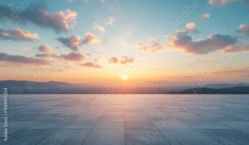 Fototapeta Naklejka Na Ścianę i Meble -  wide angle view of empty concrete floor with stunning sunset over horizon, showcasing vibrant colors and serene atmosphere