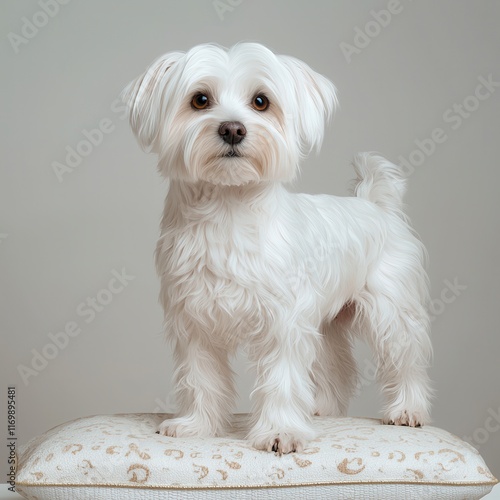 Adorable White Maltese Dog Sitting on Decorative Pillow