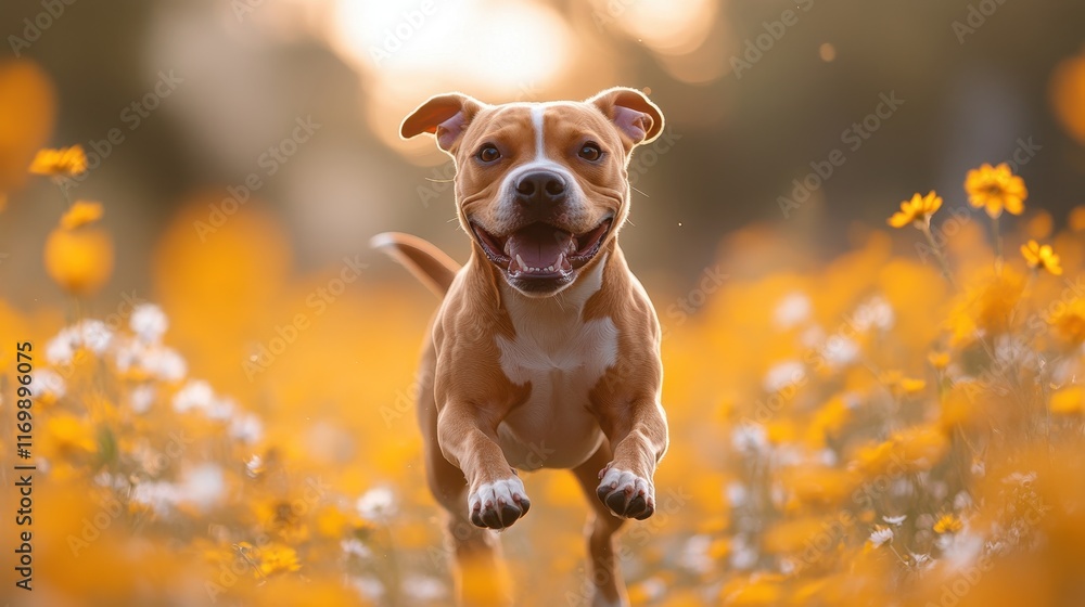 American Pit Bull Terrier running joyfully through a grassy field American Pit Bull Terrier running joyfully through a grassy field