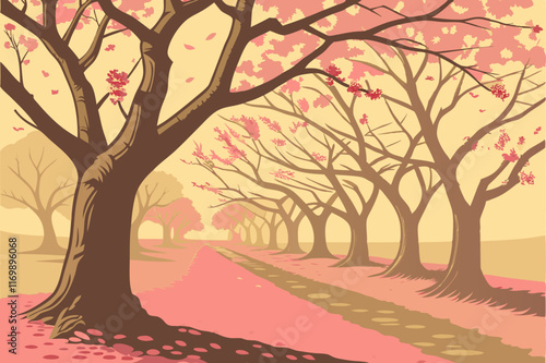 Wedding Couple Cartoon Heart Illustration - Pink Blossom Tree Path Sketch.