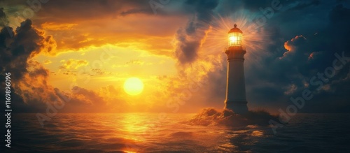 Captivating image of a solitary lighthouse standing tall against a dramatic sunset seascape with crashing waves moody clouds and vibrant hues of orange red and blue filling the sky