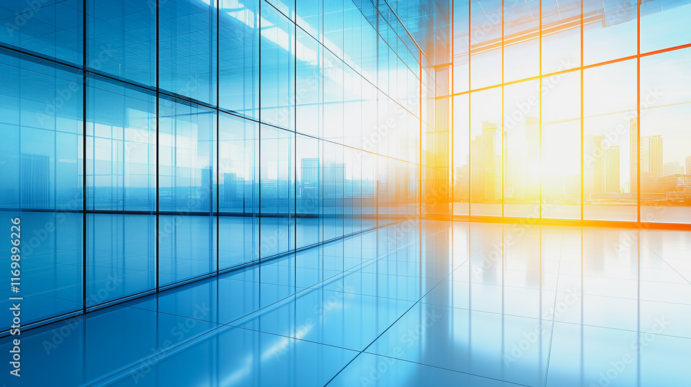 Obraz premium Modern empty office interior with glass walls and city skyline view
