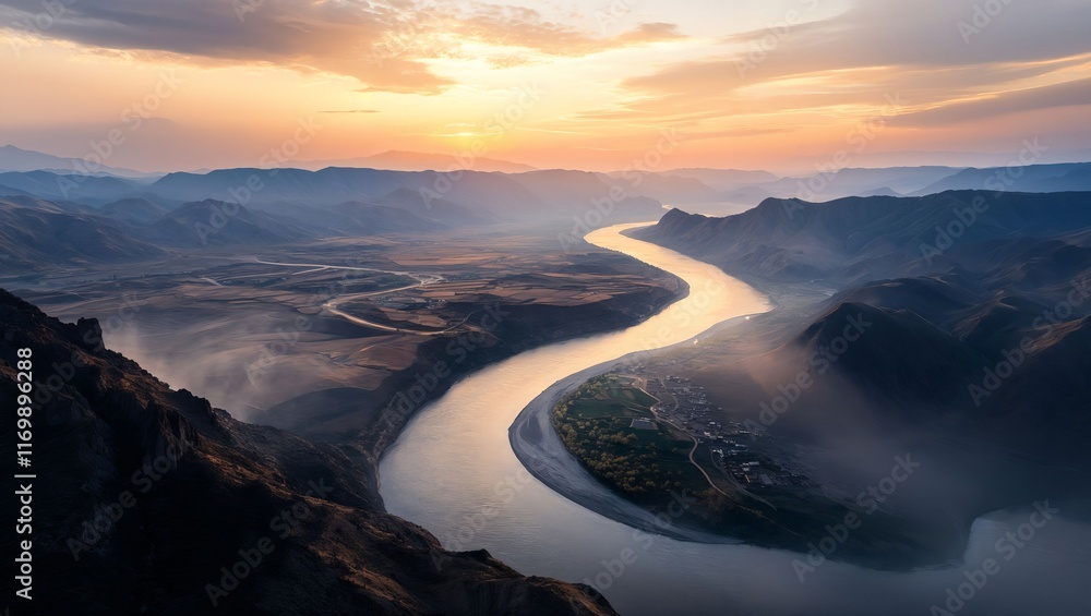 Fototapeta premium A breathtaking view over a winding river, framed by majestic mountains under a golden sunset, revealing the tranquil beauty of nature in this picturesque landscape.
