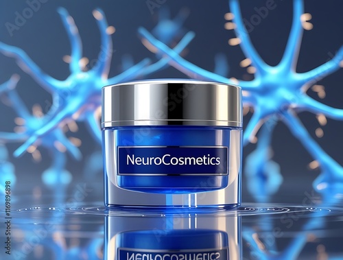 
NeuroCosmetics skincare innovation featuring a sleek blue jar with advanced neural science-inspired design, combining cutting-edge technology and beauty care for enhanced skin rejuvenation and wellne photo