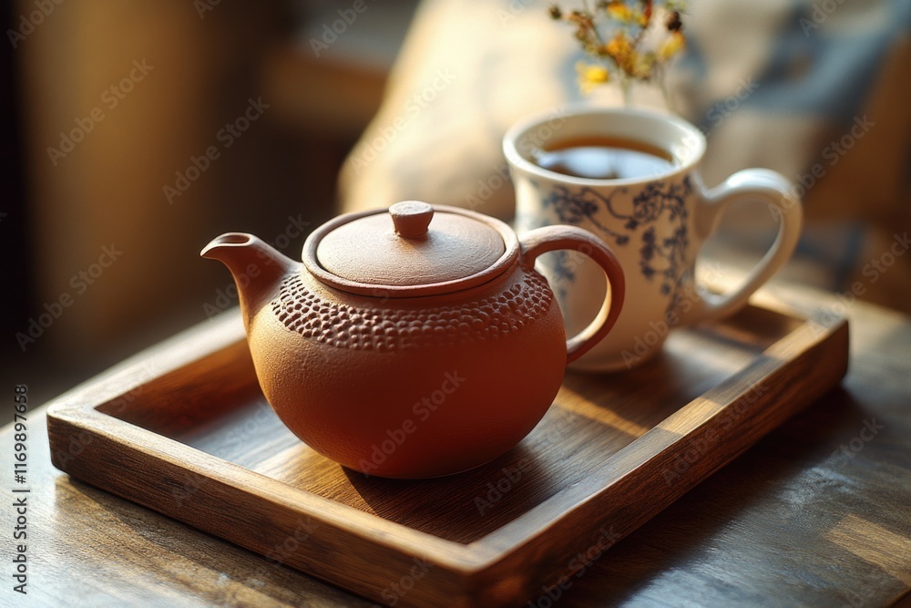 Teapot and a cup of tea sit on a wooden tray. The teapot is made of clay and has a blue and white design Teapot and a cup of tea sit on a wooden tray. The teapot is made of clay and has a blue and white design