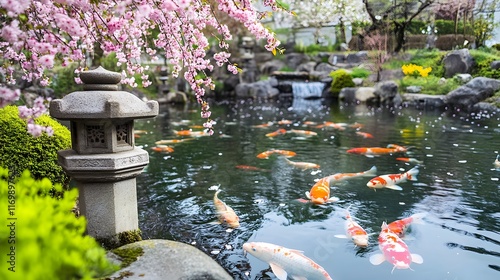 Fototapeta Naklejka Na Ścianę i Meble -  A beautiful Japanese garden with tranquil ponds, koi fish, and stone lanterns surrounded by cherry blossoms in full bloom