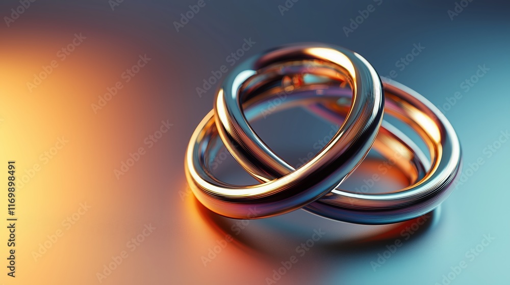 Two intertwined rings reflecting light in an abstract background, showcasing elegance and connection Two intertwined rings reflecting light in an abstract background, showcasing elegance and connection
