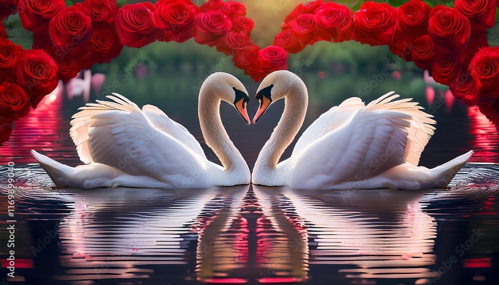 Naklejka premium A Romantic Pair of Swans Forming a Heart in a Serene Lake