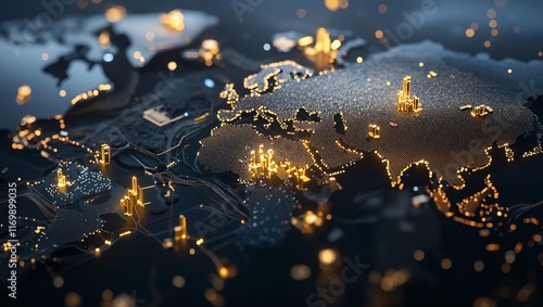 A Stunningly Illuminated Map of Europe and Asia Showcasing Digital Landmarks and Connections Illuminating the Global Network of Modern Civilization and Technology Progress. photo