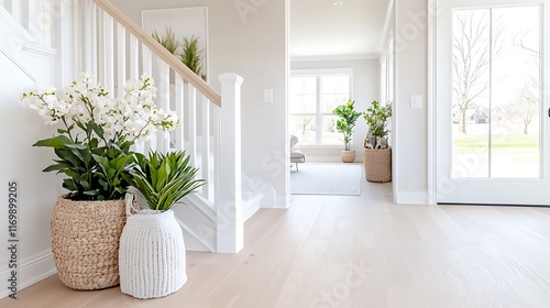 Bright, airy hallway with plants in woven baskets and white vase, hardwood floors, white staircase, and natural light.