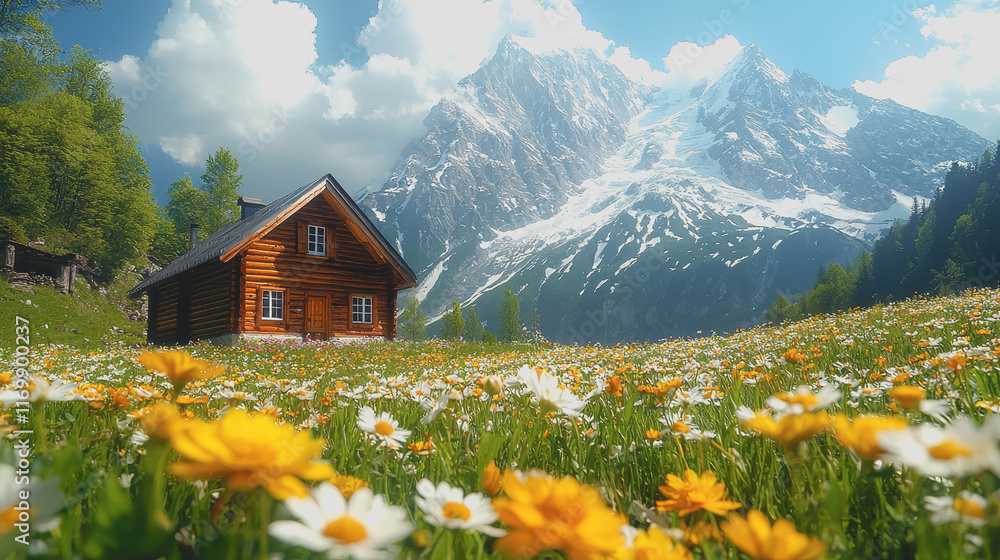 Charming Mountain House Nestled Amongst Majestic Peaks Surrounded by Lush Green Trees and Vibrant Wildflowers Evoking a Tranquil and Idyllic Retreat in Nature's Breathtaking Landscape Charming Mountain House Nestled Amongst Majestic Peaks Surrounded by Lush Green Trees and Vibrant Wildflowers Evoking a Tranquil and Idyllic Retreat in Nature's Breathtaking Landscape