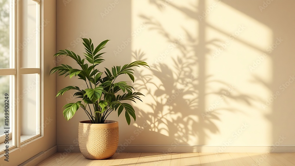 Fototapeta premium A sunlit, minimalist beige room with leaf shadows serves as a versatile backdrop for product presentations, ideal for showcasing cosmetic and beauty items in any season