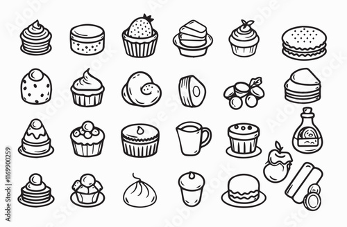 Collection of hand-drawn dessert icons, including cupcakes, cakes, cookies, and pastries.
