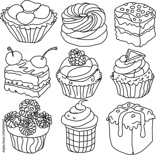 Hand-drawn illustration of assorted sweet treats cupcakes, cakes, and pastries.