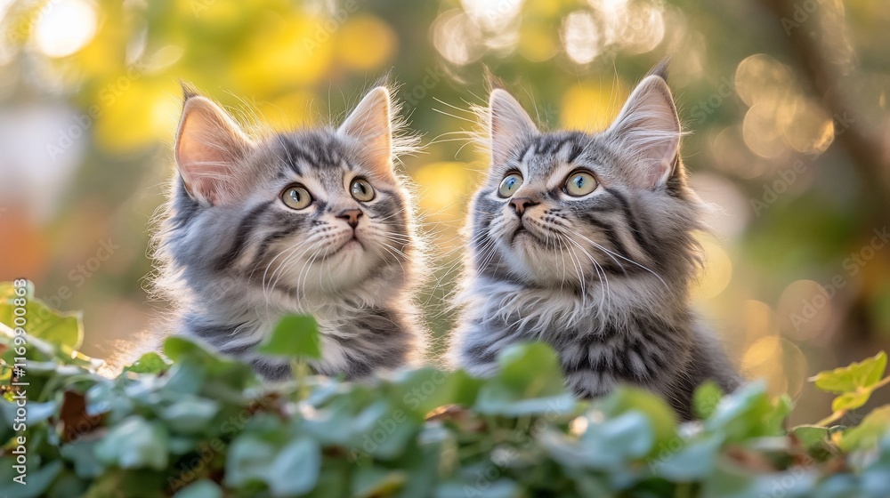 Obraz premium Two adorable gray kittens gazing upwards in a sunlit garden setting.