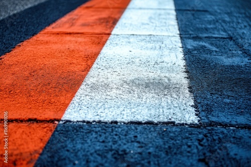 Close-up of racing track lines; orange, white, and blue. Illustrates speed, competition, and automotive themes. photo