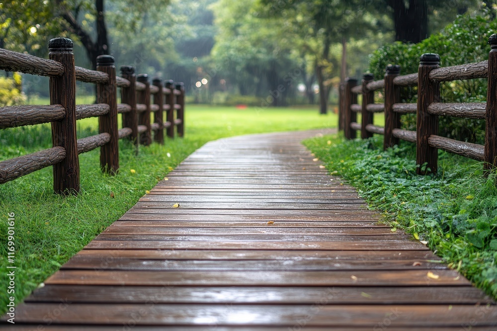 Wooden walkway in park after rain. Perfect for tranquil, nature, or relaxation themes. Wooden walkway in park after rain. Perfect for tranquil, nature, or relaxation themes.