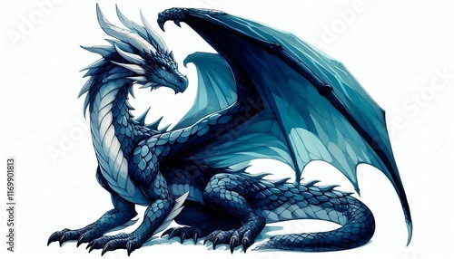 watercolor of blue dragon on white background