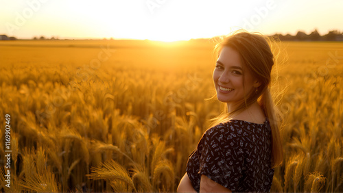 Woman in a wheat field on the background of the setting sun photo