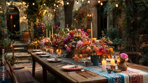 Vibrant Floral Table Setting at Outdoor Dinner Party photo