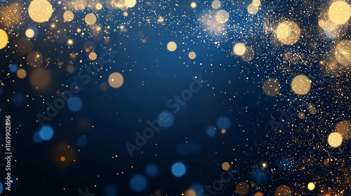 Shimmering gold and blue bokeh lights create a festive and elegant backdrop.
