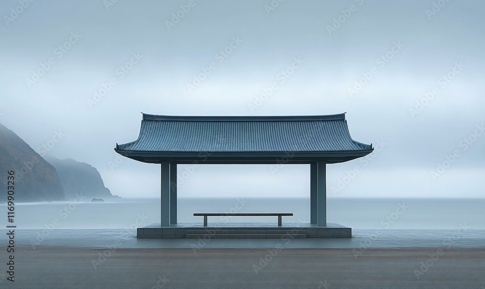 Tranquil coastal gazebo, overcast sky, misty ocean, empty bench, minimalist architecture, serene Tranquil coastal gazebo, overcast sky, misty ocean, empty bench, minimalist architecture, serene