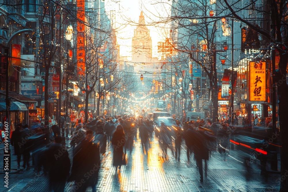 Naklejka premium Sunset cityscape: Crowds stroll down a vibrant city street, lined with shops and buildings, under a dramatic sunset sky.