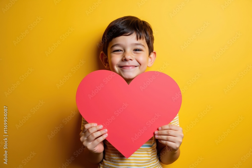 Bright Yellow Background with Smiling Child Holding Large Red Heart Shape Card, Perfect for Valentine's Day, Love, and Family Themed Designs Bright Yellow Background with Smiling Child Holding Large Red Heart Shape Card, Perfect for Valentine's Day, Love, and Family Themed Designs