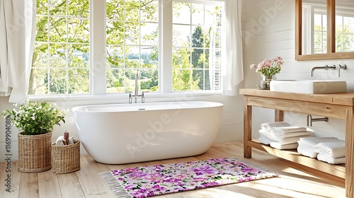 Bright bathroom with freestanding bathtub, wooden vanity, and floral rug, overlooking a lush green landscape through large windows.