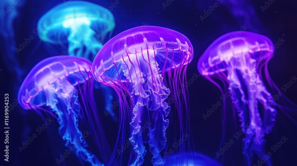 Vibrant jellyfish glowing in a dark aquarium environment. Vibrant jellyfish glowing in a dark aquarium environment.