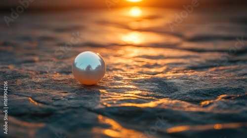 Mesmerizing glowing orb or sphere floating on the calm reflective surface of ocean waves during a breathtaking sunset at the beach  The tranquil peaceful scene creates a meditative