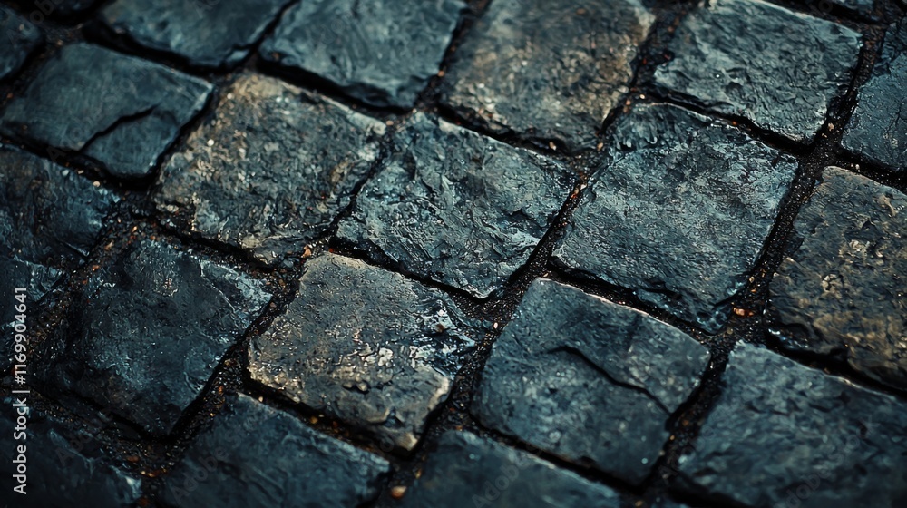 Fototapeta premium Dark, wet cobblestone street texture. Perfect for backgrounds or design projects.