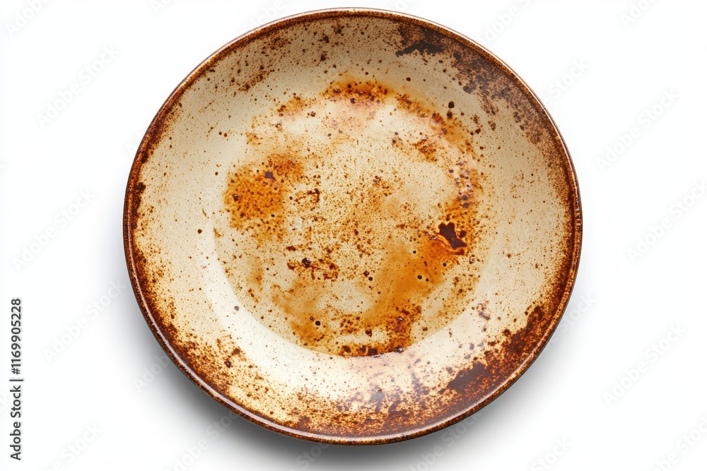 Empty rustic ceramic plate with brown stains. Ideal for food blogs, restaurant menus, or concepts of waste.