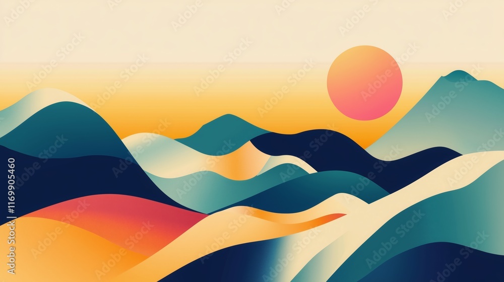 Colorful abstract landscape with mountains and a vibrant sun at dusk in soft hues and flowing shapes Colorful abstract landscape with mountains and a vibrant sun at dusk in soft hues and flowing shapes