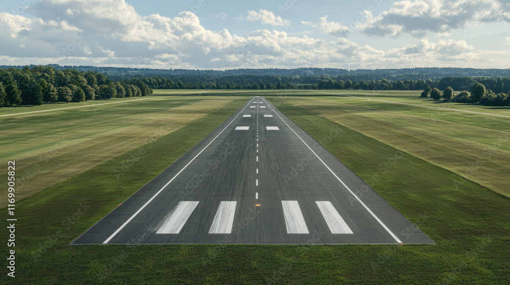 Fototapeta premium Aerial view of runway surrounded by green fields and trees, showcasing clear sky and well maintained landing strip. scene evokes sense of tranquility and openness