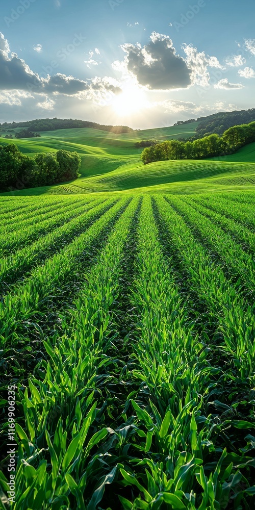 Serene sunset over rolling green hills and a vibrant field of crops. Serene sunset over rolling green hills and a vibrant field of crops.
