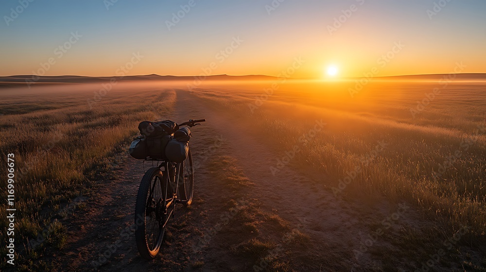 Obraz premium Sunrise Bike Ride Across Serene Plains