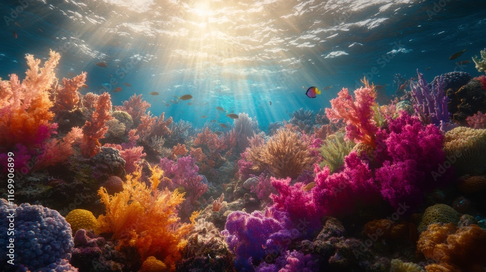 Fototapeta premium Vibrant Coral Reef Under Warm Light Action Shot